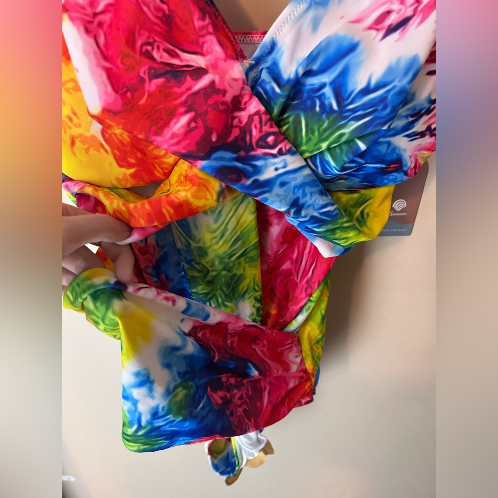 NWT Smismivo Tummy Control 1 Piece Push Up Bathing Suit Size L Neon Swirl V-Neck - Picture 7 of 11